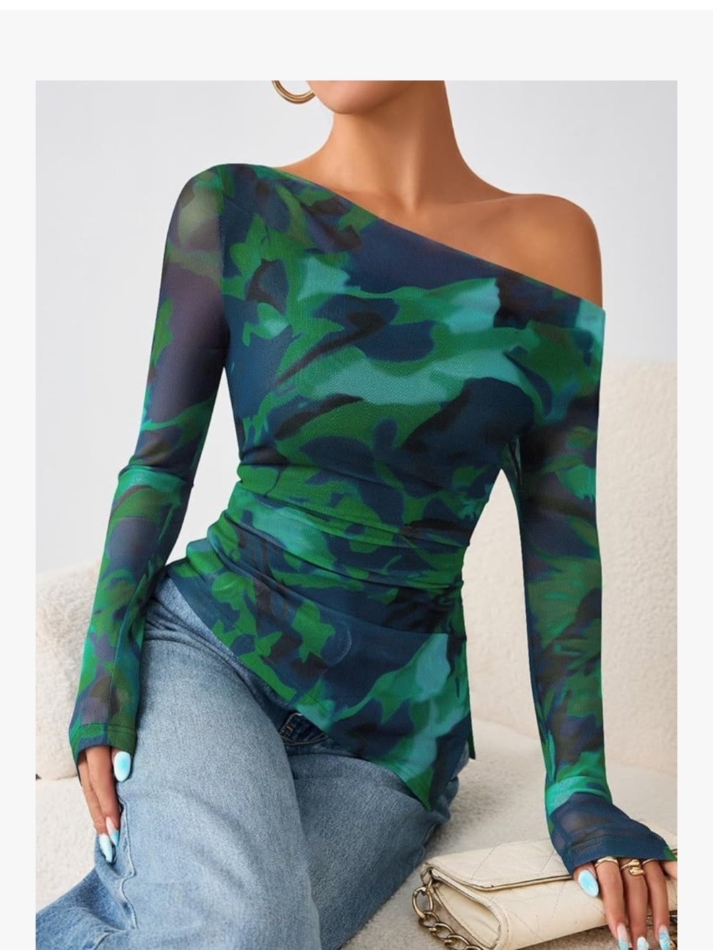 Off-Shoulder Green Camouflage Long Sleeve Top